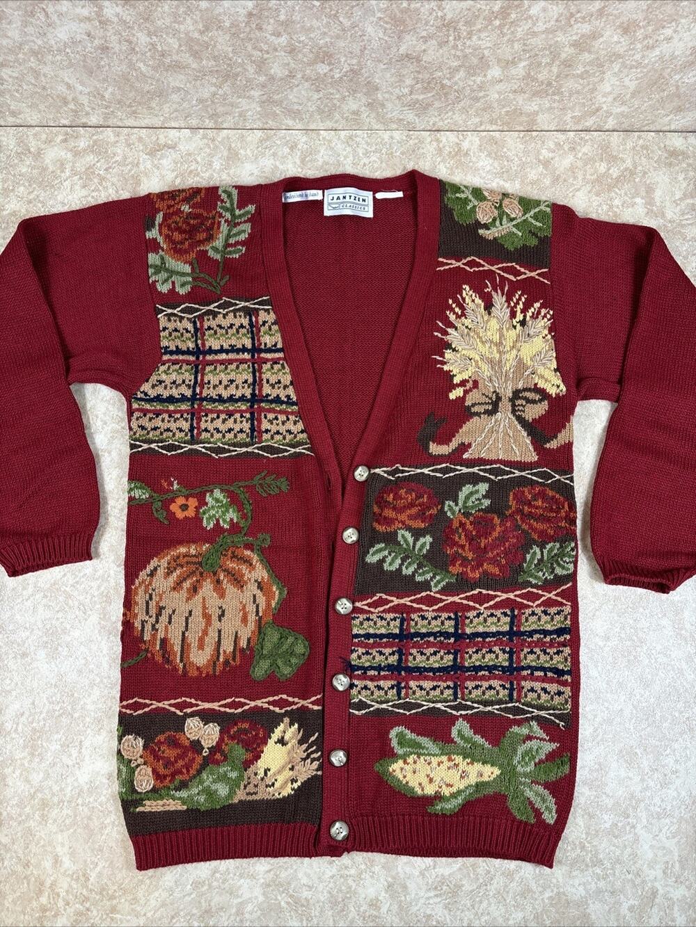 Jantzen Cardigan Sweater Hand Embroidered Fall Autumn Harvest *Size Tag Missing*